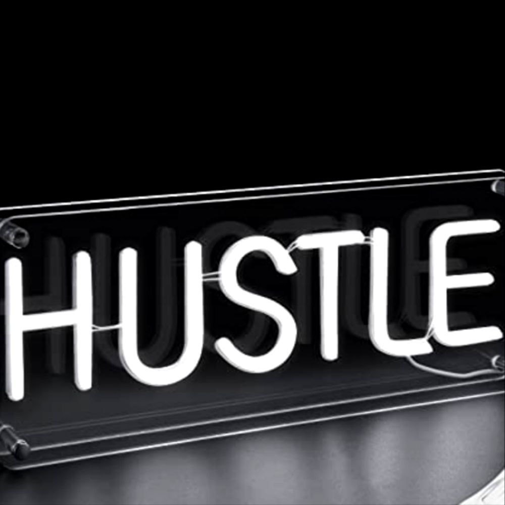 InnoVibe White LED Neon Hustle Hanging ir Freestanding Sign